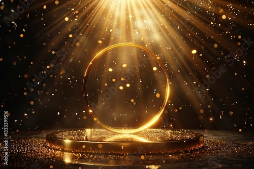 High Definition View of Golden Award Platform with Glitter Confetti Sparkle Rain