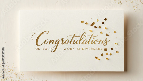 A work anniversary greeting card with featuring a creamy pastel background with a cursive message Congratulations on your work anniversary! 