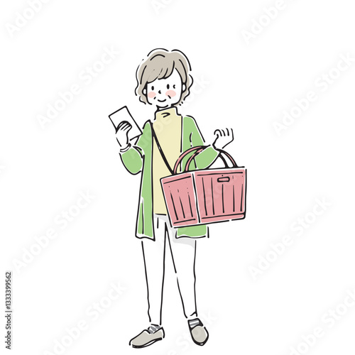 レジカゴを持って買い物をする高齢女性