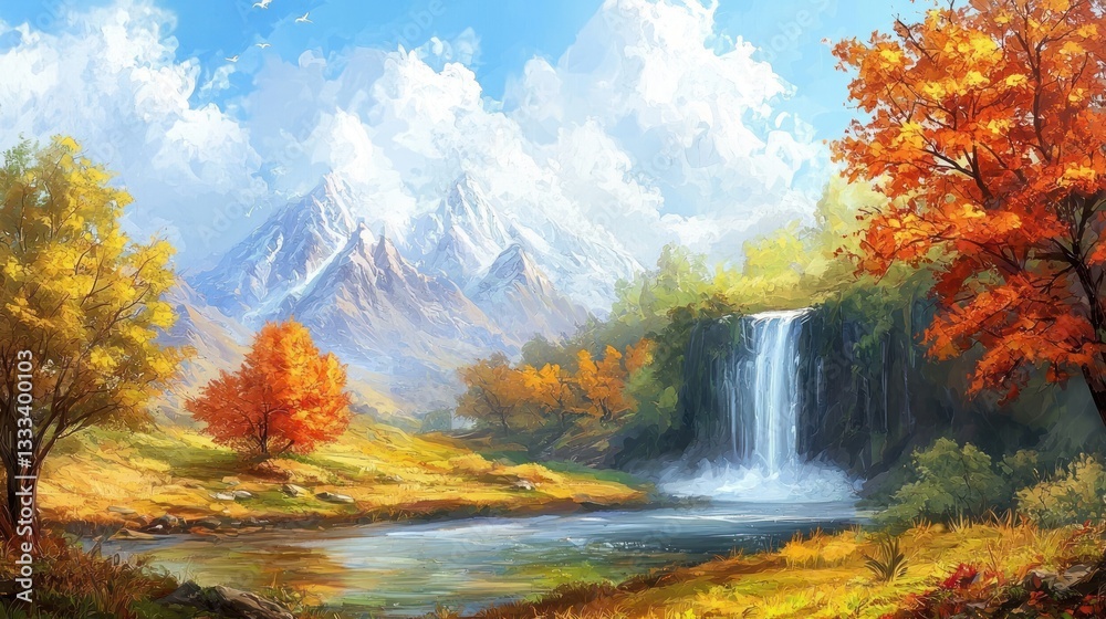 Fototapeta premium Autumnal Waterfall Paradise: A Serene Mountain Landscape