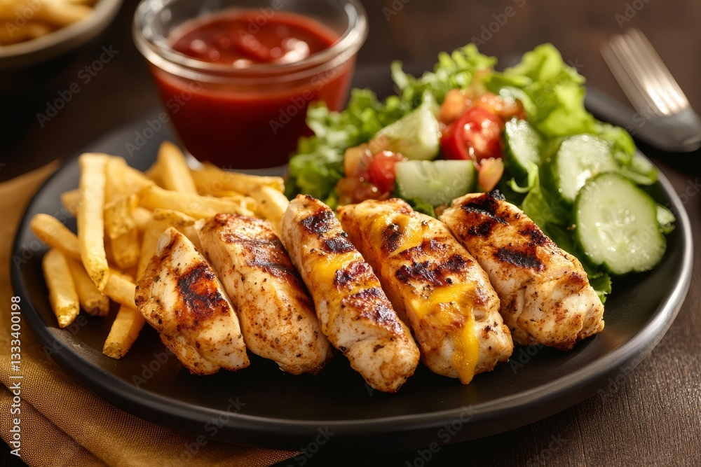 Gourmet grilled chicken and cheese rolls with crispy fries and fresh salad on a rustic wooden table