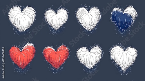 Fluffy Heart Set: Blue for Red, White Design.