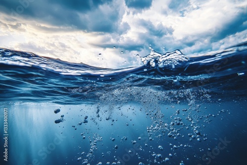 Fototapeta Naklejka Na Ścianę i Meble -  Underwater scene  calm blue water reflects stormy sky with dynamic splash and rising bubbles