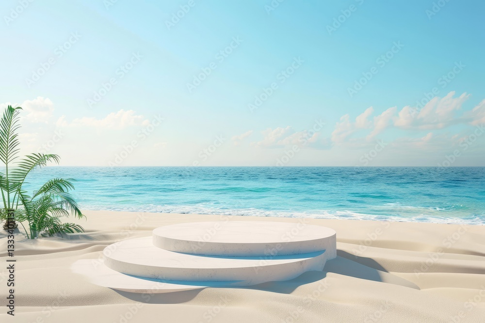 Detailed Image of Summer Tropical Background Podium on Sand Beach with Sea View Detailed Image of Summer Tropical Background Podium on Sand Beach with Sea View