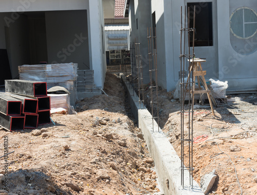 Concrete beam for house before masonry wall,selective focus.