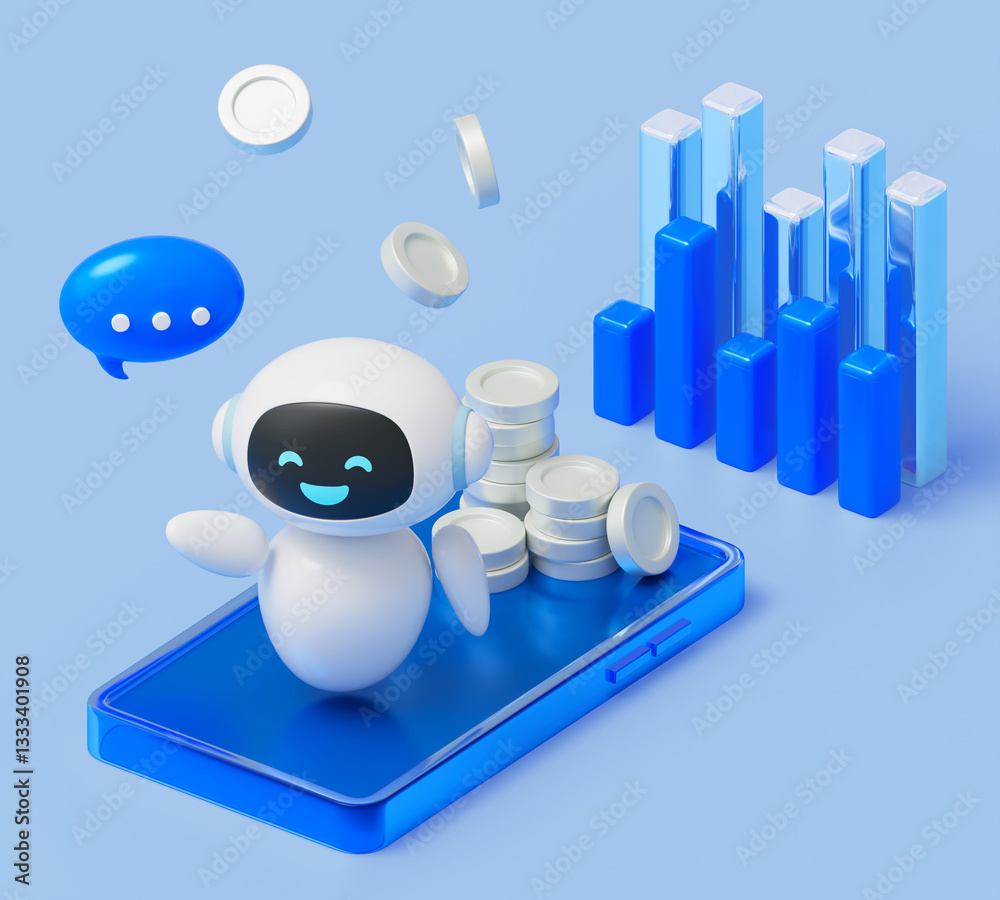 Ai bot with Graph and coin 3D graphic Ai bot with Graph and coin 3D graphic