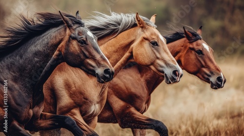 Three Horses Running Through a Field