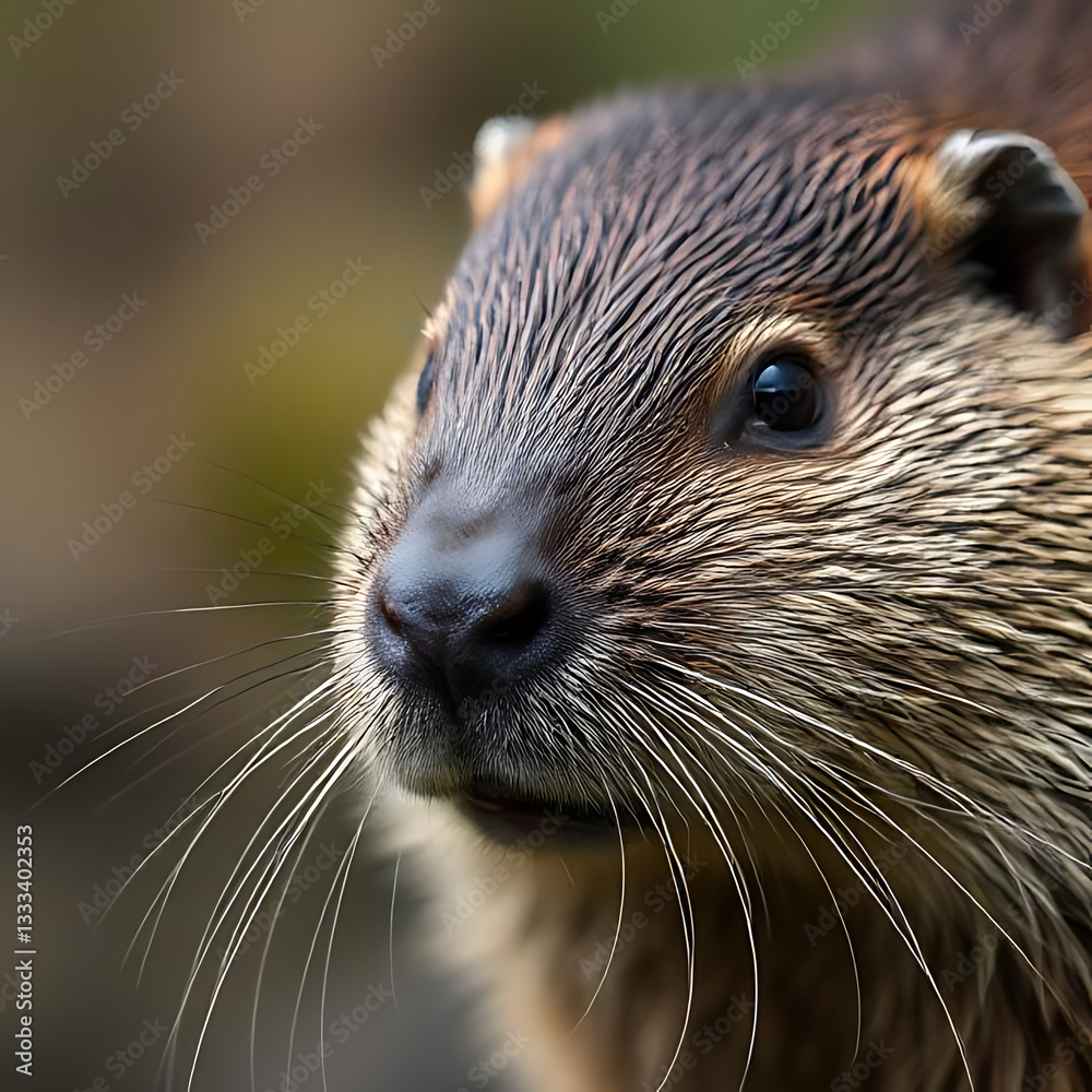 A close-up of a beaver’s face with an intense yet gentle expression, soft background bokeh effect A close-up of a beaver’s face with an intense yet gentle expression, soft background bokeh effect