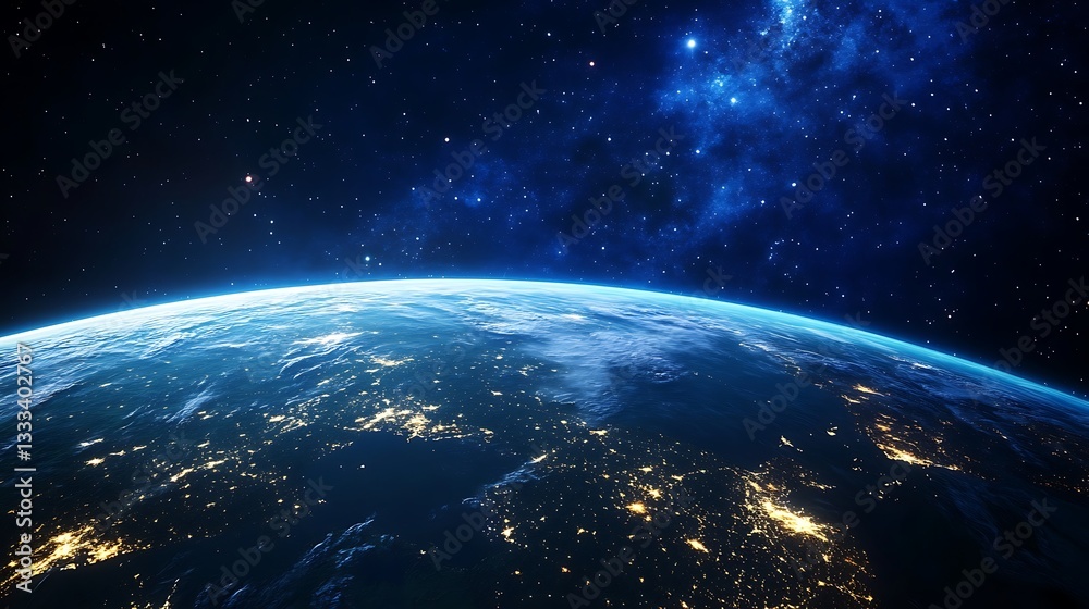 Fototapeta premium Galactic energy fantasy thunderstorm over earth cosmic view stunning space landscape