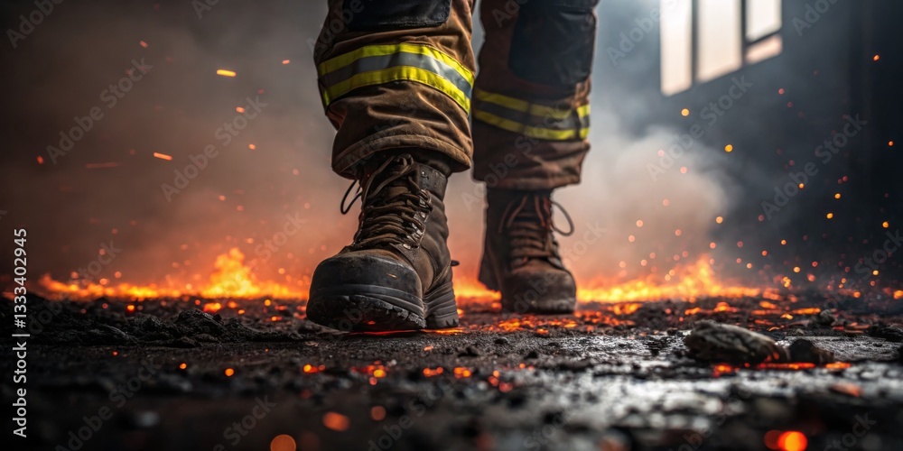 Firefighter approaches hazardous area with determination while dealing with intense smoke and embers in an industrial setting