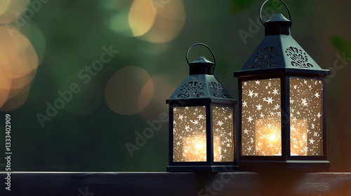 Illuminated Star-Patterned Lanterns Glowing Outdoors at Dusk with Warm Bokeh Lights