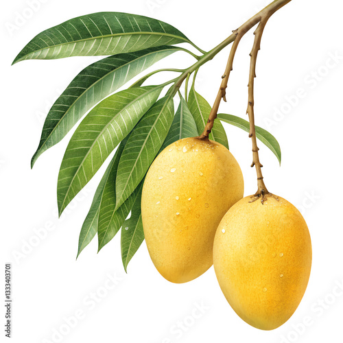Isolated mango. Two yellow mango fruit hanging on a tree branch isolated on white background with clipping path 
