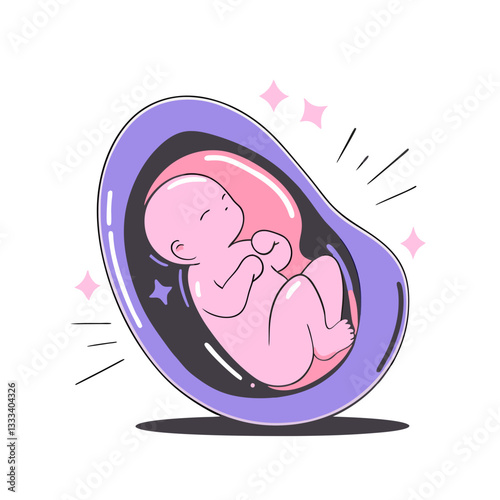 Cute fetus in womb vector with soft pastel colors and sparkling accents. Minimalist and modern illustration symbolizing pregnancy, new life, and fetal development.