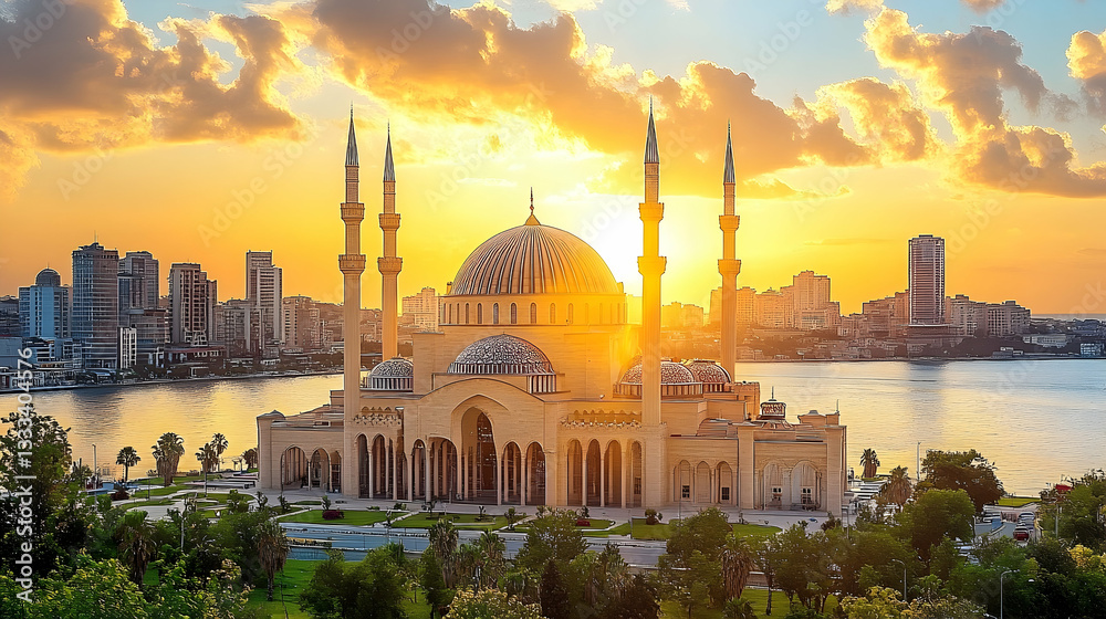 Naklejka premium Majestic sunset over a grand mosque with minarets, reflecting on a serene waterfront cityscape