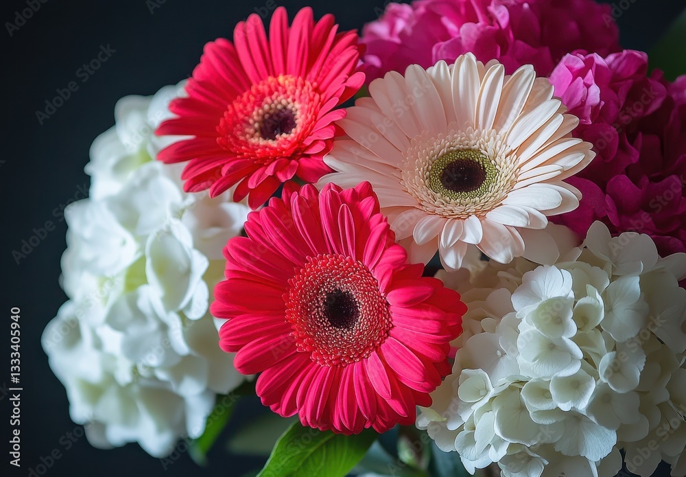 Fototapeta premium Vibrant Arrangement of Gerbera Daisies and Hydrangeas in a Beautiful Floral Bouquet on a Dark Background