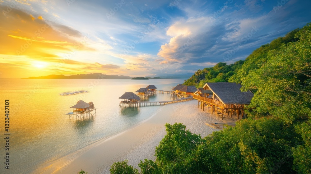 Fototapeta premium Serene Tropical Beach at Sunset with Overwater Bungalows