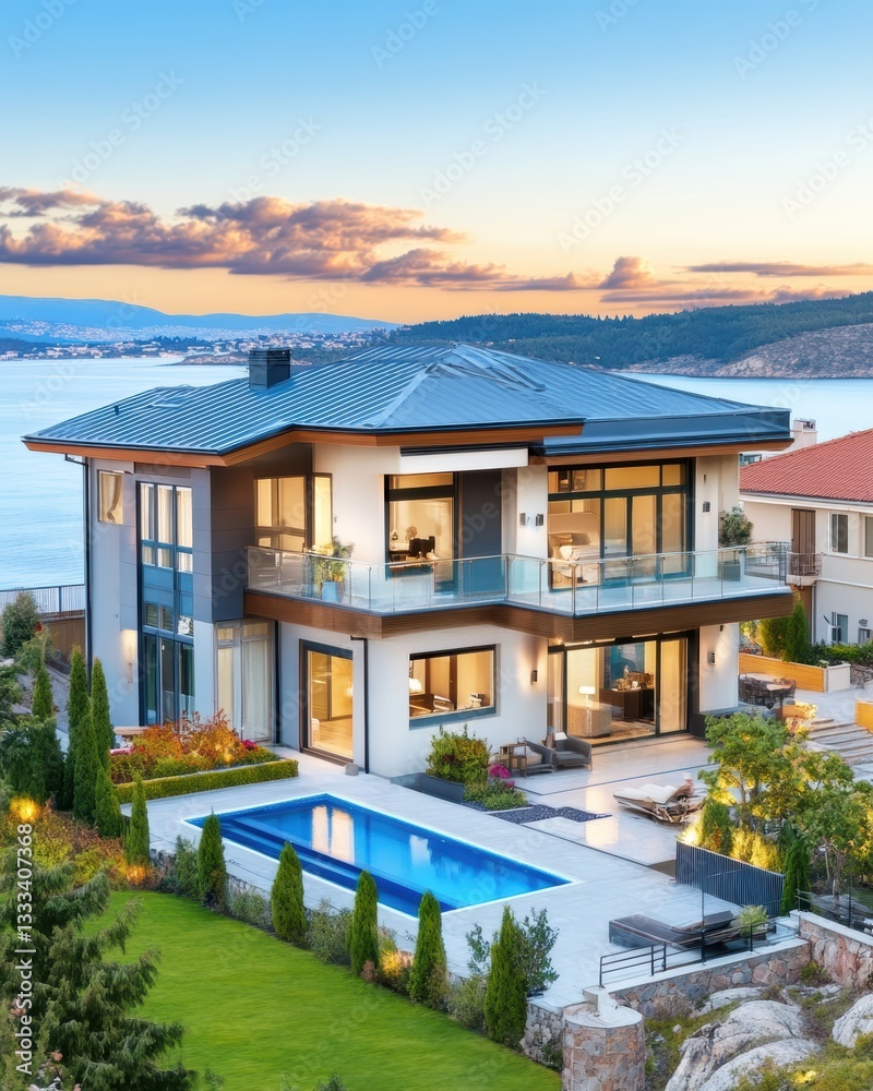 Fototapeta premium Modern Luxury House with Pool and Scenic Landscape at Sunset