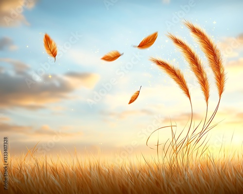 Golden Wheat Field Autumn Sunset.