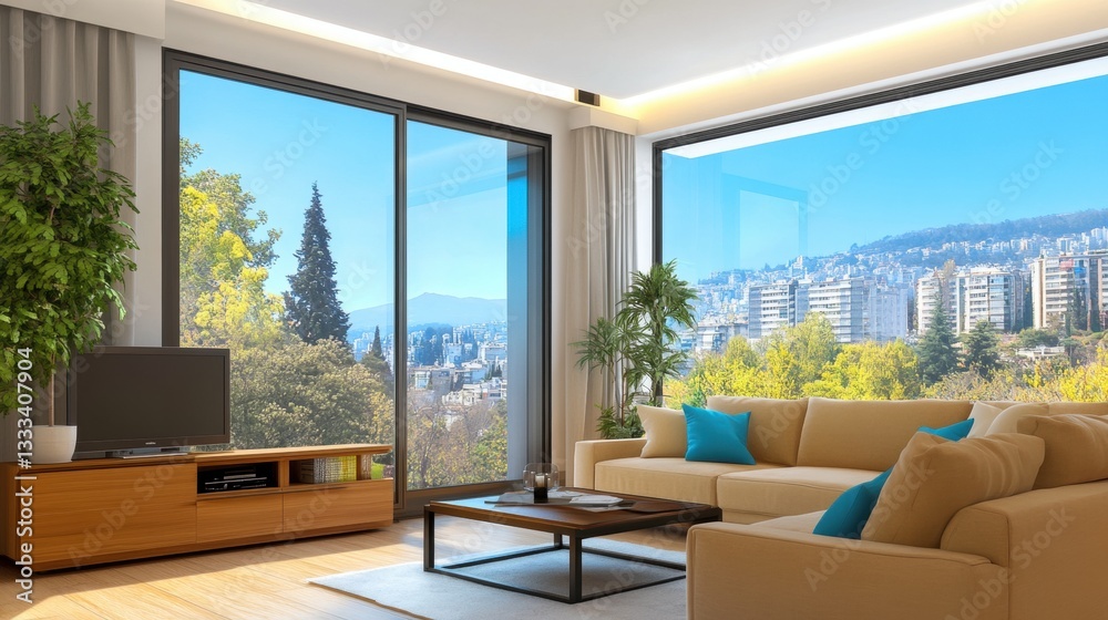 Modern Living Room with Scenic View and Bright Natural Light Modern Living Room with Scenic View and Bright Natural Light