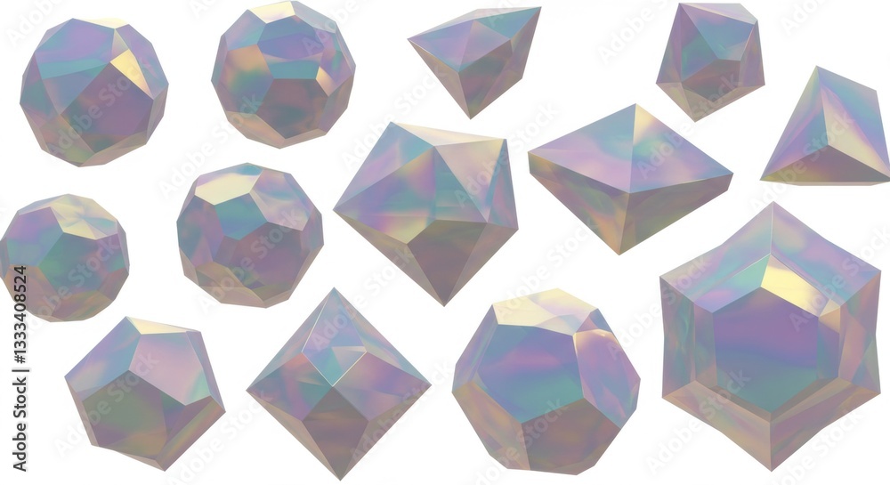 Various geometric shapes with iridescent surfaces on display Various geometric shapes with iridescent surfaces on display