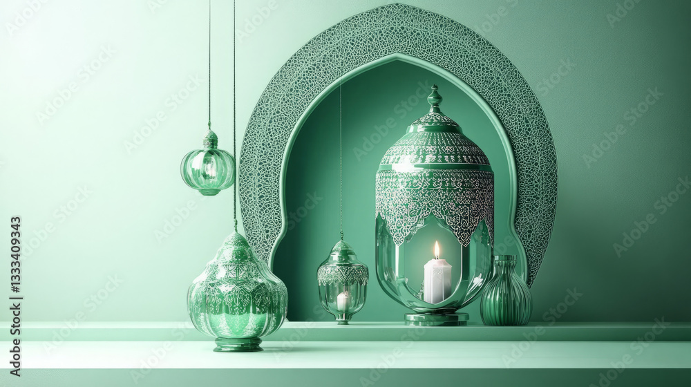Ornate Glass Lanterns in a Muted Green Indoor Setting with a Calm Atmosphere