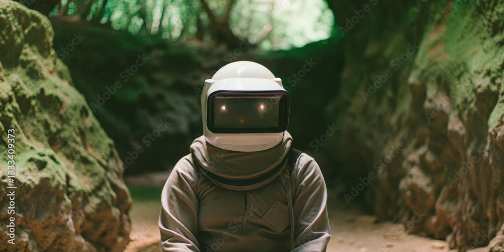 Space explorer in a futuristic suit sits in an enchanting forest cavern surrounded by greenery and mystical light