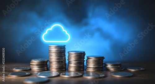 cost management and budgeting in cloud computing, Stacks of coins with a cloud icon symbolize cloud financial planning,