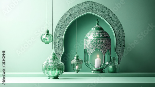 Obraz na płótnie Ornate Glass Lanterns in a Muted Green Indoor Setting with a Calm Atmosphere w salonie