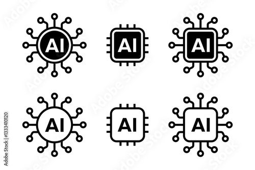 Artificial intelligence AI processor chip black line icon set. AI Processor circuit symbol logo. Mini AI CPU icon collection. Vector Illustration.