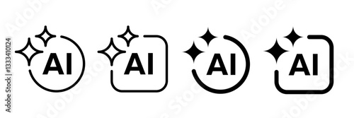 Artificial intelligence AI processor chip black line icon set. AI Processor circuit symbol logo. Mini AI CPU icon collection. Vector Illustration.