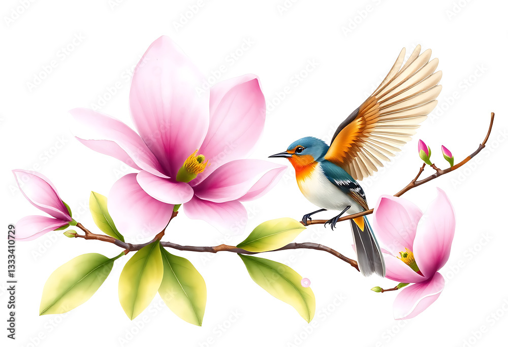 Fototapeta premium A Vivid Painting of a Bird Perched on a Magnolia Branch, Wings Spread in Flight, Soft Pink Petals, Delicate Green Leaves, White Background, Detailed Artwork, Springtime Bloom