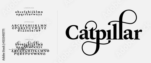 Catpillar Elegant Font Uppercase Lowercase And Number. Classic Lettering Minimal Fashion Designs. Typography modern serif fonts regular decorative vintage concept. vector illustration