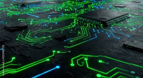 Circuit board design showcasing vibrant connections and chips 