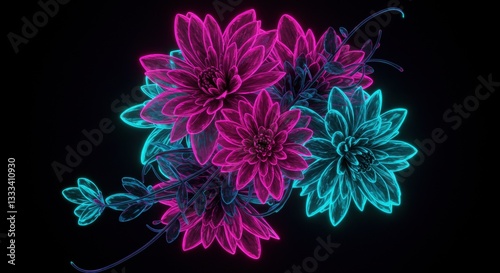 Colorful glowing flowers on a dark background in a unique style 