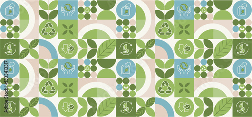 Recycling day. concept for world environment and sustainable development, recycling symbols, bins, plastic bottles, and carbon emission reduction. Illustrated with a green pattern natural shapes.
