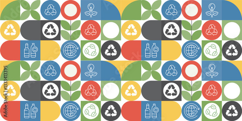 Recycling day. concept for world environment and sustainable development, recycling symbols, bins, plastic bottles, and carbon emission reduction. Illustrated with a green pattern natural shapes.