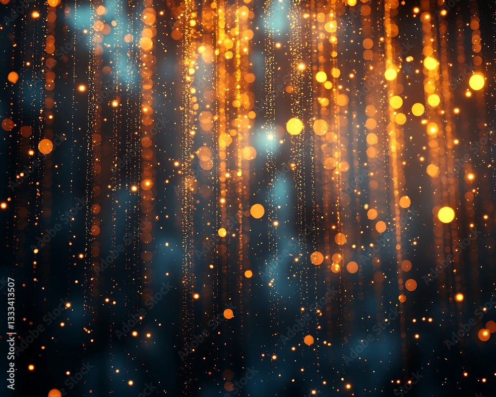 Glowing golden strings and lights falling from above in the dark Glowing golden strings and lights falling from above in the dark