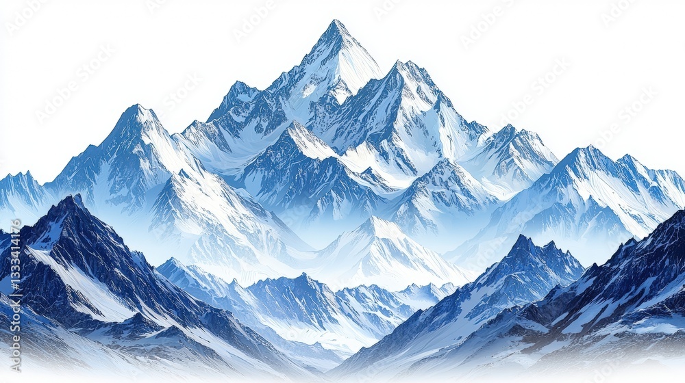 Obraz premium Majestic Snow-Capped Mountain Range Under Clear Blue Sky with Dramatic Peaks and Valleys