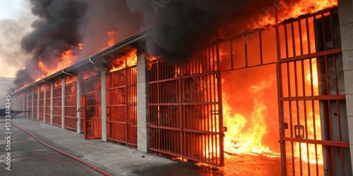 Obraz na płótnie Flames engulf a structure as firefighters attempt to control the blaze in an urban setting during daylight hours w salonie