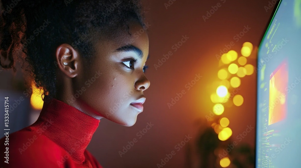 Focused Young Woman Working on Computer at Night High Resolution Image Focused Young Woman Working on Computer at Night High Resolution Image