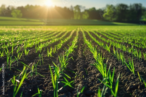 Rows of Green Young Shoots the Concept of Agriculture Planted Wheat or Rye Field in Warm Sun Rays