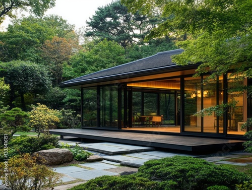 A modern home with large windows surrounded by lush greenery