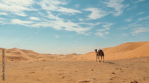 Fototapeta Naklejka Na Ścianę i Meble -  Camel in a Vast Desert Under a Blue Sky