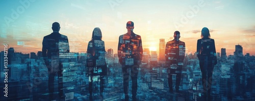 Wallpaper Mural Silhouettes of people standing against a city skyline at sunset, highlighting themes of business and teamwork in an urban setting. Torontodigital.ca