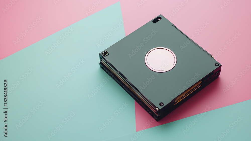 Hard drive mockup on geometric pastel background Hard drive mockup on geometric pastel background