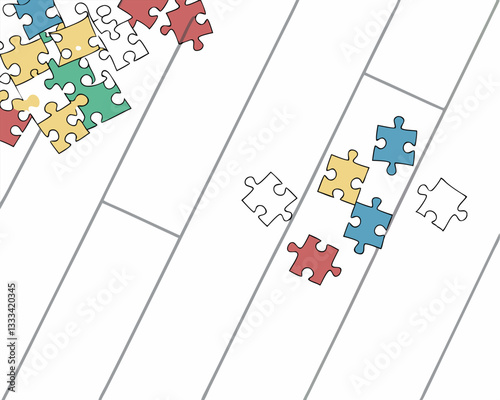 Colorful Puzzle Pieces Scattered on Wooden Floor Background