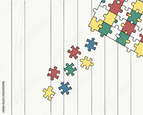 Colorful Puzzle Pieces Scattered on Wooden Floor Background