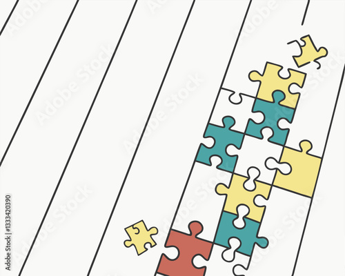 Colorful Puzzle Pieces Scattered on Wooden Floor Background