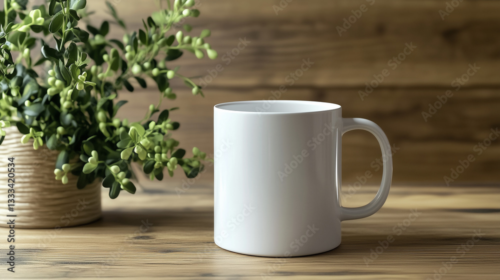 White ceramic mug mockup on wooden table with plant White ceramic mug mockup on wooden table with plant