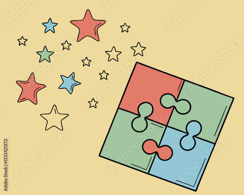 Simple Puzzle with Missing Piece and Stars: Cartoon Vector Illustration